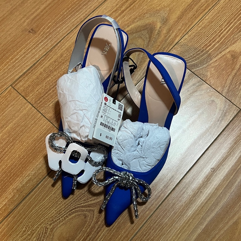 [ZARA] Royal Blue Rhinestone Bow Pointed Heel